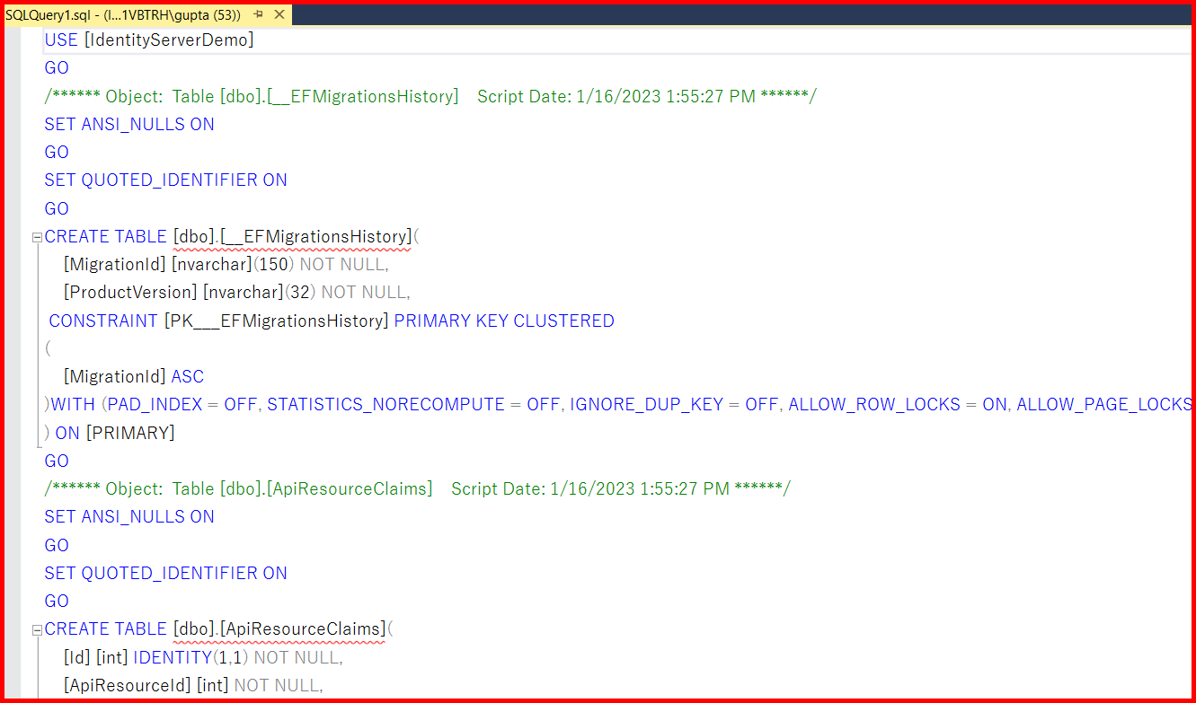 Picture showing the generated script in the query window of SSMS